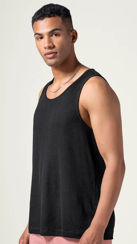 Statement Waffle Tank Top Jet Black