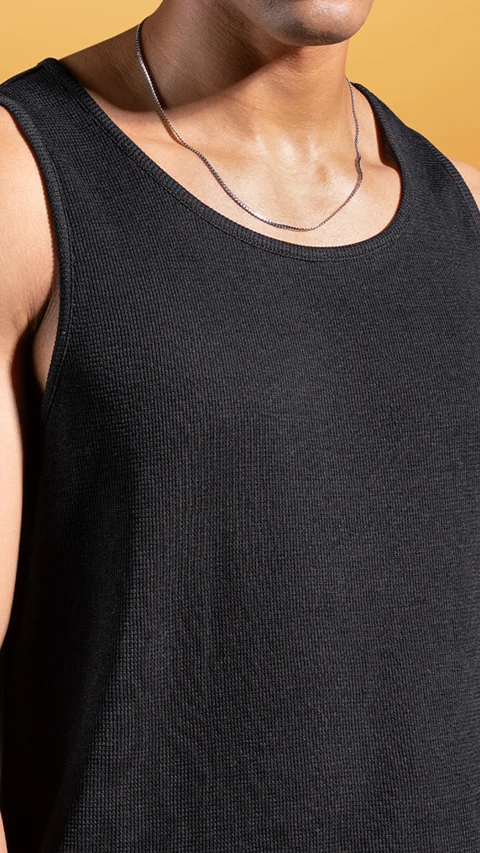 Statement Waffle Tank Top Jet Black