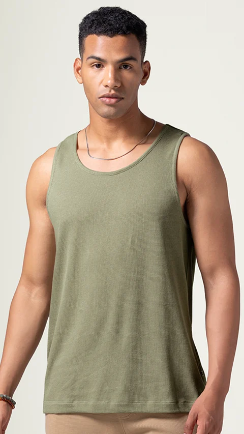 Statement Waffle Tank Top Willow Green