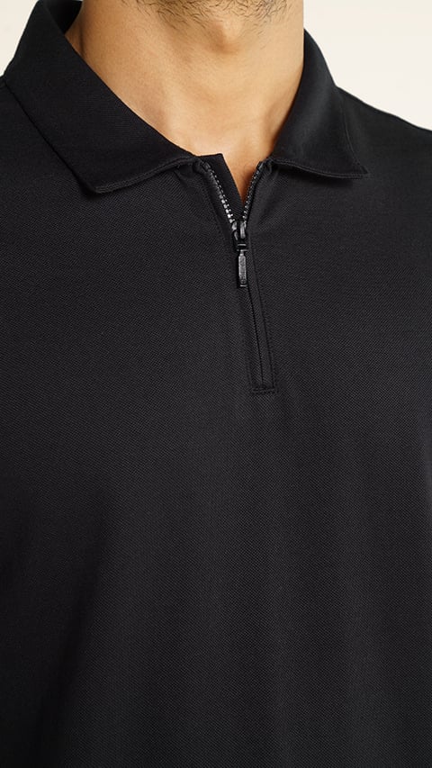 Men Zipper Polo T-shirt Online - Jet Black | DaMENSCH