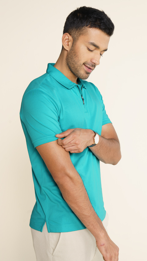 Men Zipper Polo T-shirt Online - Sea Green | DaMENSCH