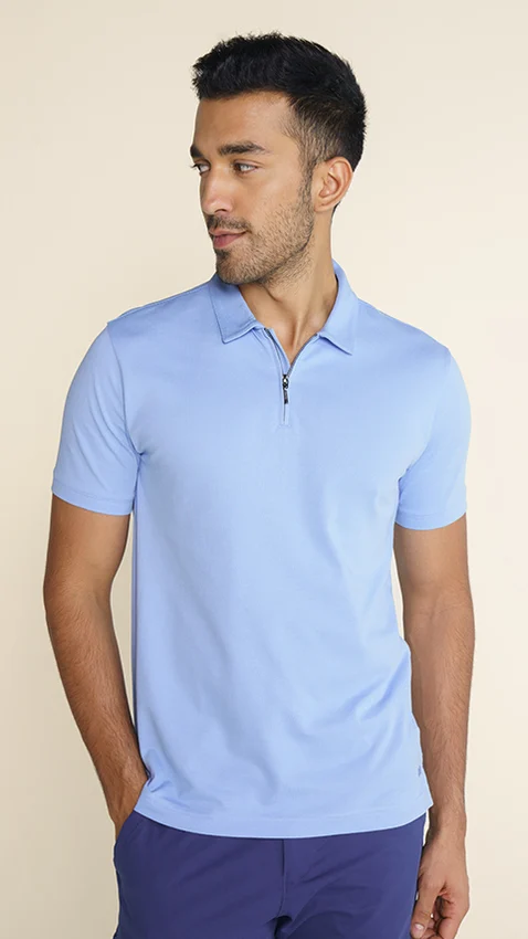 Men Zipper Polo T-shirt Online - Soft Blue | DaMENSCH