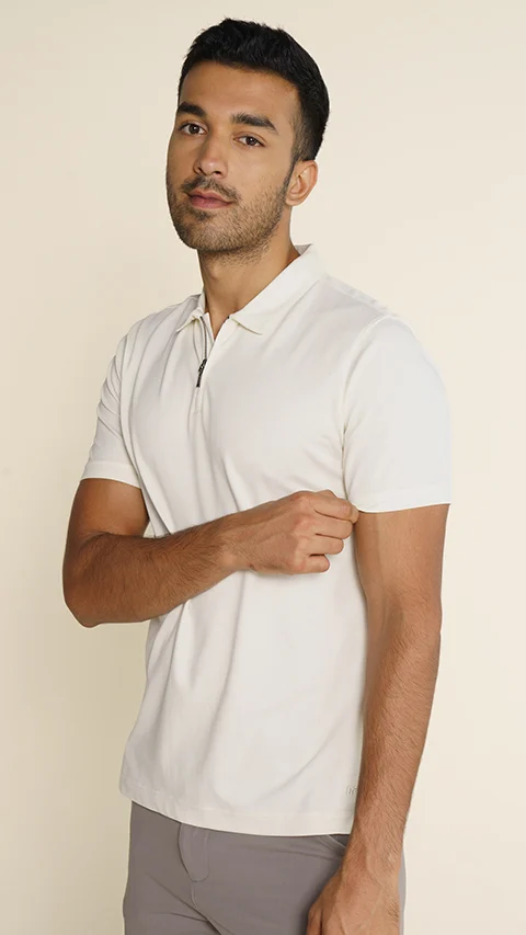 Constant All-Degree Pique Polo Zipper- Vanilla White