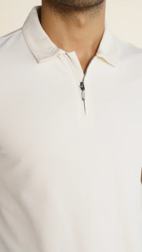Constant All-Degree Pique Polo Zipper- Vanilla White